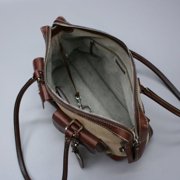 Dooney & Bourke Cloth Logo Brown Leather Buckle 2-Pocket Handbag Purse - Picture 6 of 12